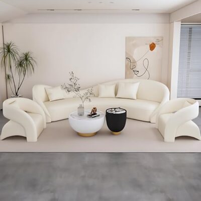 Modern Sectional Sofa Set, High-Density Cushions, Solid Wood Frame, Leather Sectional Couches for Living Room, Couch Sets with Coffee Table (White Sofa + 2 Chairs + Coffee Table,83IN)