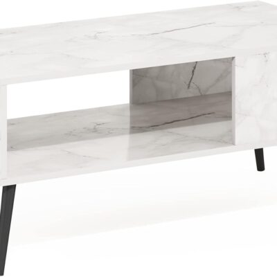 Mid Century Style Coffee Table with Wood Legs, Marble White