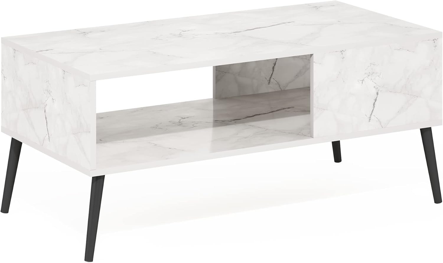 Mid Century Style Coffee Table with Wood Legs, Marble White