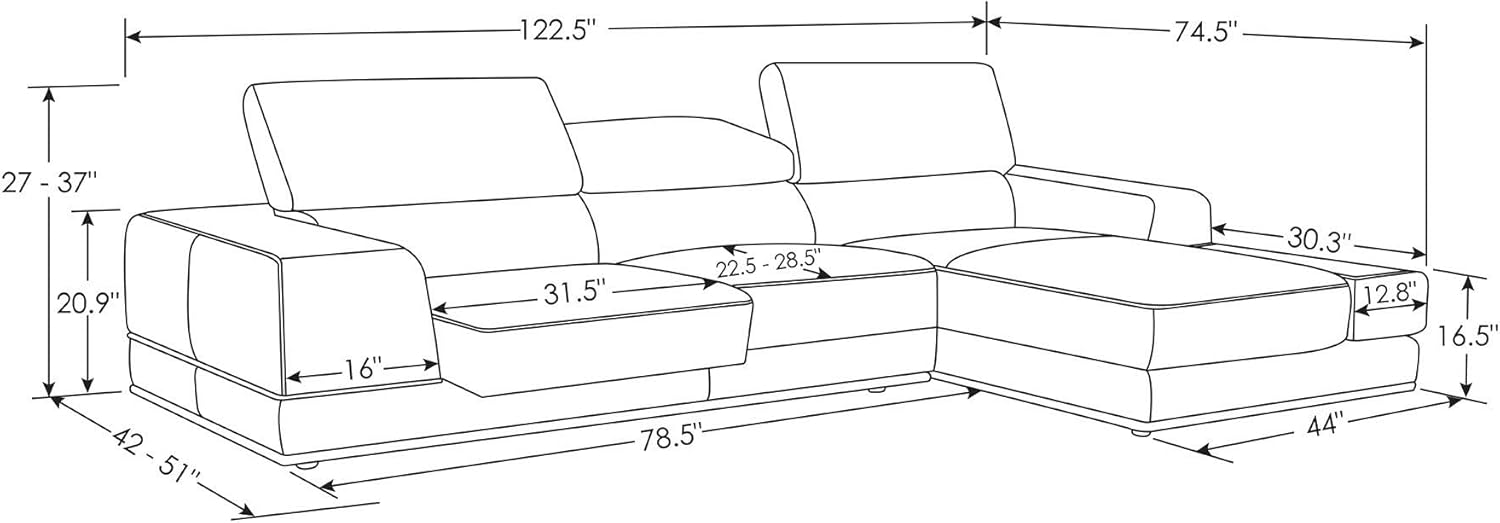 White Leather L-Shaped Sectional with Adjustable Headrests - Right Chaise - Image 2