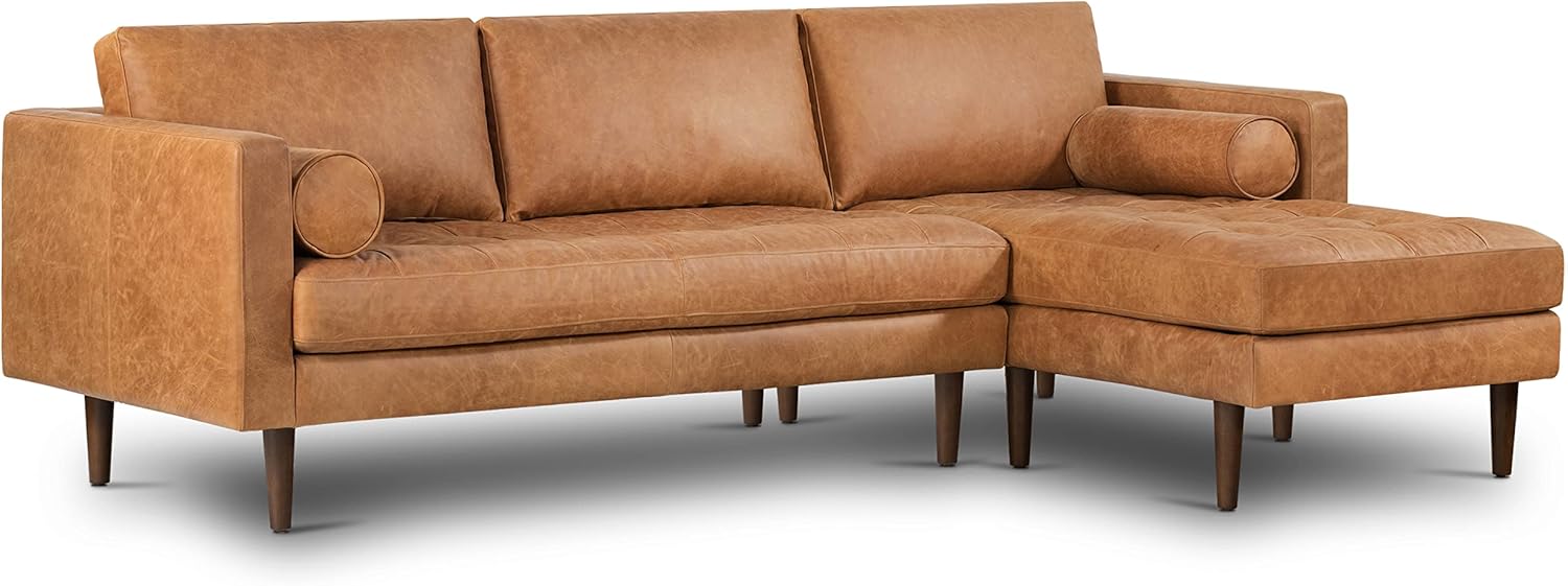104.5" Right-Facing Sectional Sofa – Cognac Tan Full-Grain Pure-Aniline Leather, Feather-Down Cushions, Solid Wood Frame