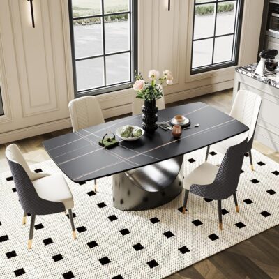 94"  Modern Minimalist Dining Table Set Ror 8, Black Rectangular Matte Sintered Stone Tabletop, Dark Gray with Chairs 9 Pieces (94" Table + 8 Grey Chairs)