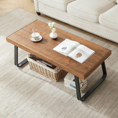Rustic Brown 39" Coffee Table, Industrial Metal Base, Solid Wood Tabletop, 2.36" Thick, 300 LBS Load Capacity