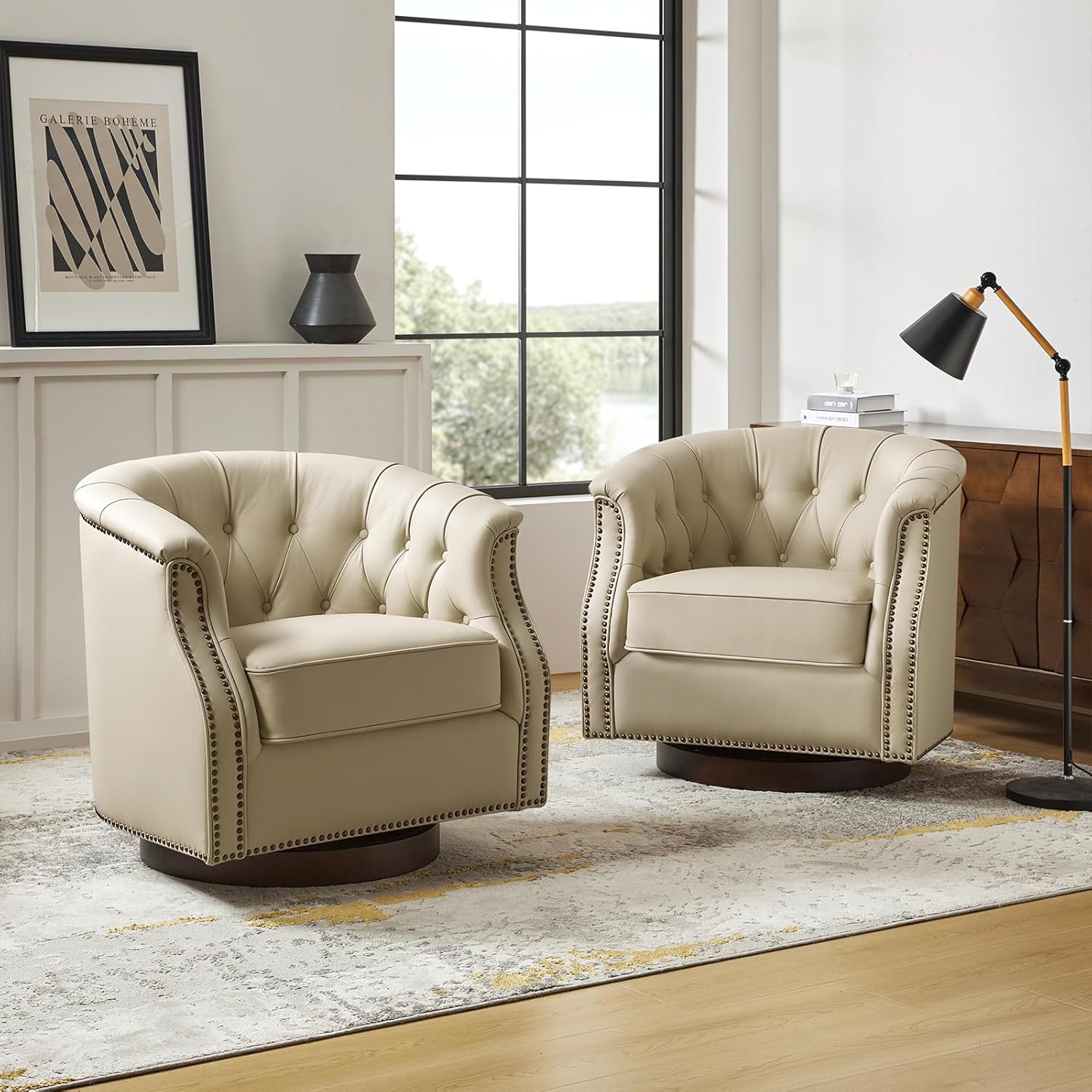 Genuine Leather Swivel Accent Chairs Set of 2, Swivel Rocker Barrel Chairs, Traditional Chesterfield Armchairs with Button-Tufted Design, No Assembly Required, Beige