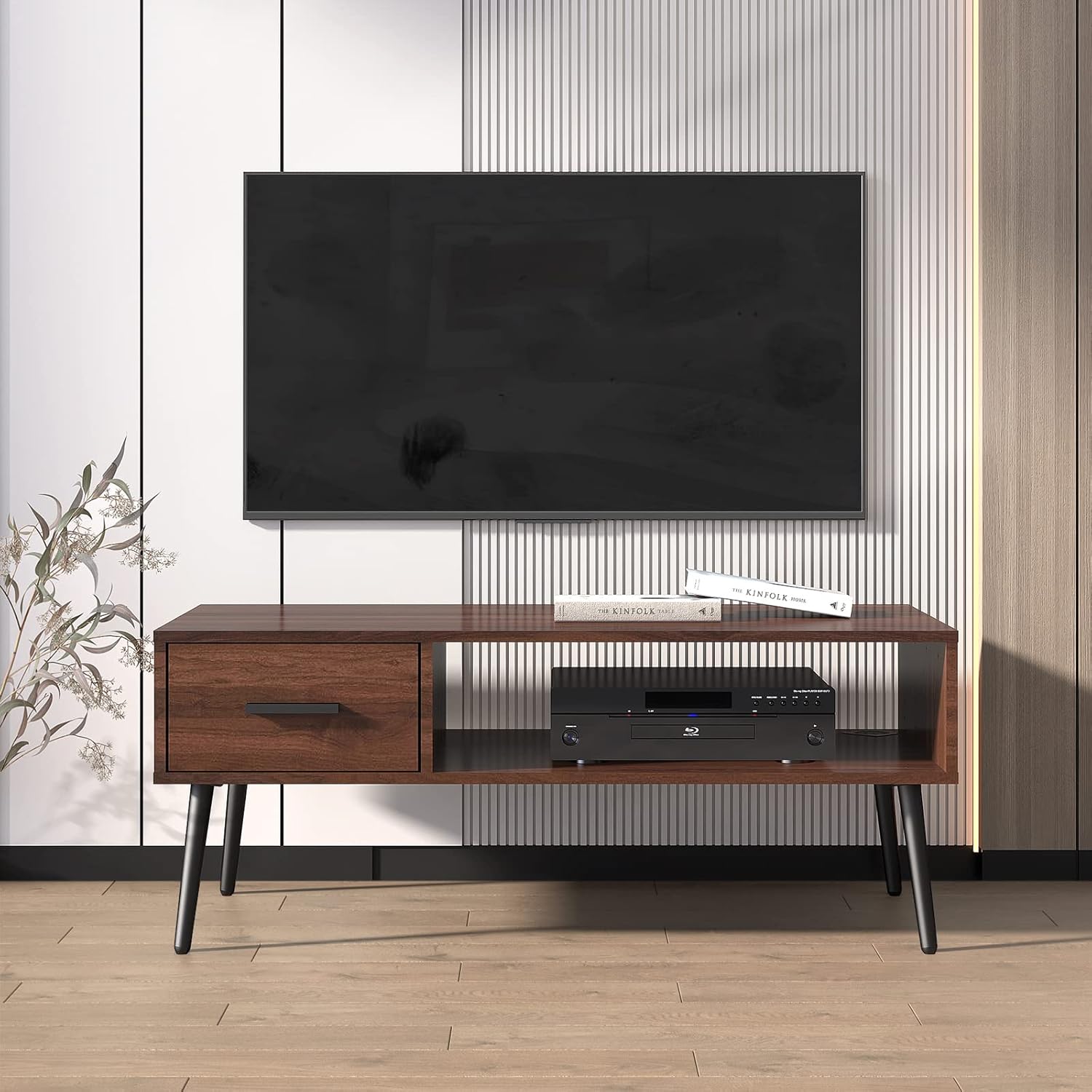 Coffee Table, Mid Century Modern Style Cocktail Table TV Stand with Drawer, Open Storage Shelf, Stable Floor-Anti-Scratching Pine Leg for Home, Office, Living Room - Walnut - Image 2