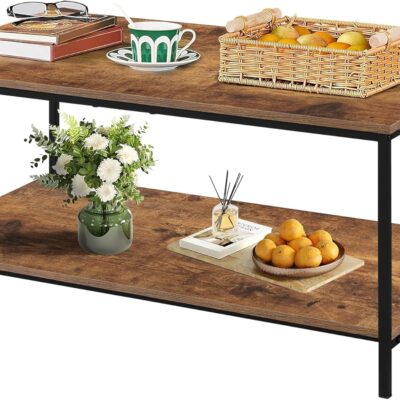 2-Tier Coffee Table with Storage Shelf for Living Spaces, Brown Rectangle Wood and Sturdy Metal Side End Table, Functional Center Table for Living Room, 39.3 x 20 x 24.4