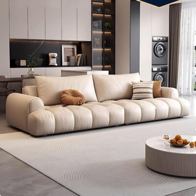 Modern Sectional Sofa Set for Living Room - with Top-Grain Leather | Oversized Armrest | High-Density Bamboo Charcoal Sponge | Solid Wood Frame | Luxury Design(White,122 in)
