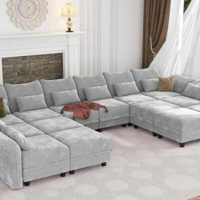 179" Oversized Modular Sectional Sofa with Storage Seat 14 Piece Large Sectional Couches for Living Room with Adjustable Arms Backs, Convert to U/L/Sleeper Sofa, Grey Chenille