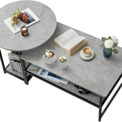 Coffee Table, Modern Style Coffee Tables for Living Room Marble Center Table with Storage 2 in 1Detachable Table Set,Grey Marble