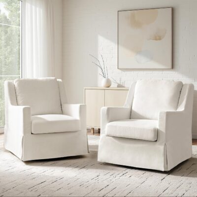 Swivel Rocker Chairs Set of 2, Farmhouse Swivel Rocking Accent Chairs with Washable Slipcover, Fabric Upholstered Barrel Armchairs with Down Filled Cushions, Ivory