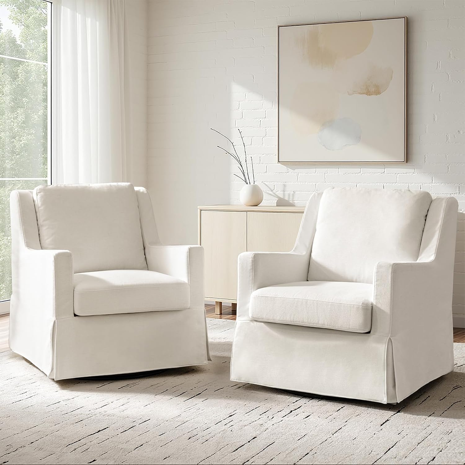 Swivel Rocker Chairs Set of 2, Farmhouse Swivel Rocking Accent Chairs with Washable Slipcover, Fabric Upholstered Barrel Armchairs with Down Filled Cushions, Ivory