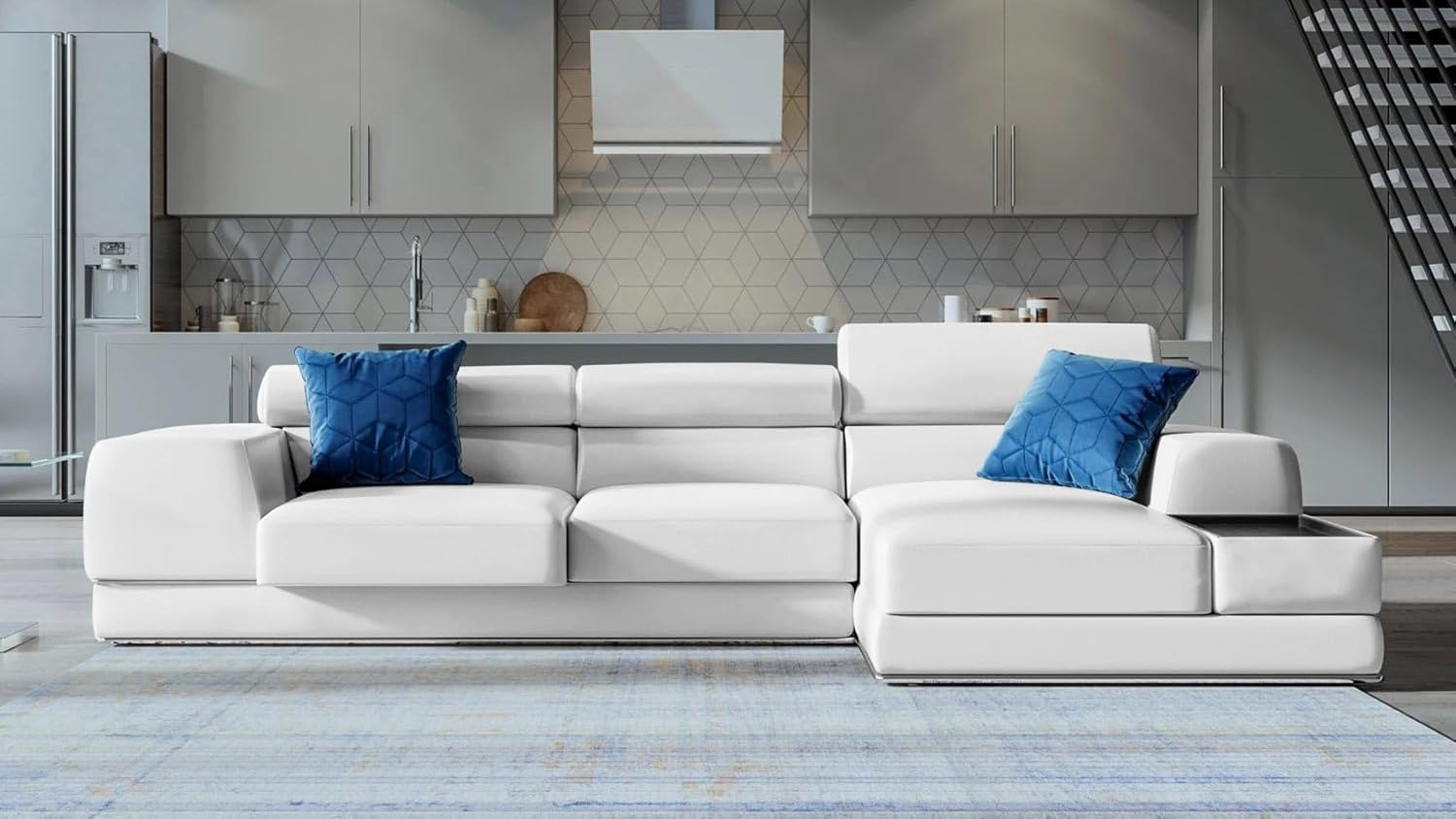 White Leather L-Shaped Sectional with Adjustable Headrests - Right Chaise