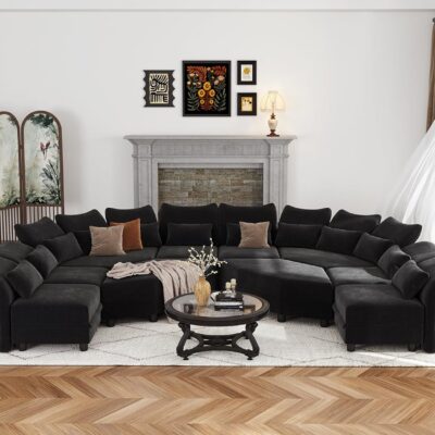 167" Oversized Modular Sectional Sofa with 6-Side Deep Seat, Large Flower Sectional Couches for Living Room with Adjustable Armrest, High Backrest & Storage Seat, Black Chenille