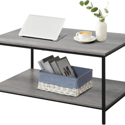 2-Tier Coffee Table with Storage Shelf for Small Living Spaces, Grey Oak Rectangle Wood and Sturdy Metal Side End Table, Stable Metal TV Stand, Functional Center Table for Living Room