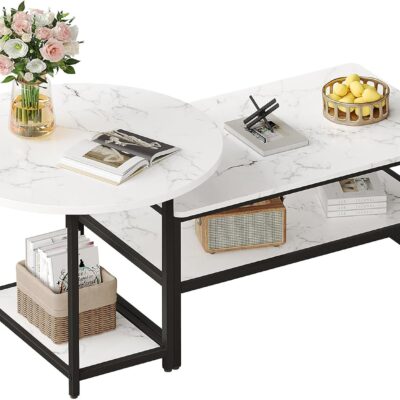 Coffee Table, White Modern Coffee Tables for Living Room, Detachable 2 Small Coffee Tables, Faux White Marble