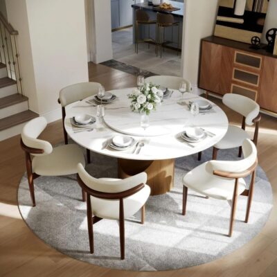 7 Pieces Round Dining Table Set for 6, 59" Sintered Stone Glossy White Dining Table with , 6 Modern Dining Chairs, Dining Room Table Set (59" Table with 6 Chairs)