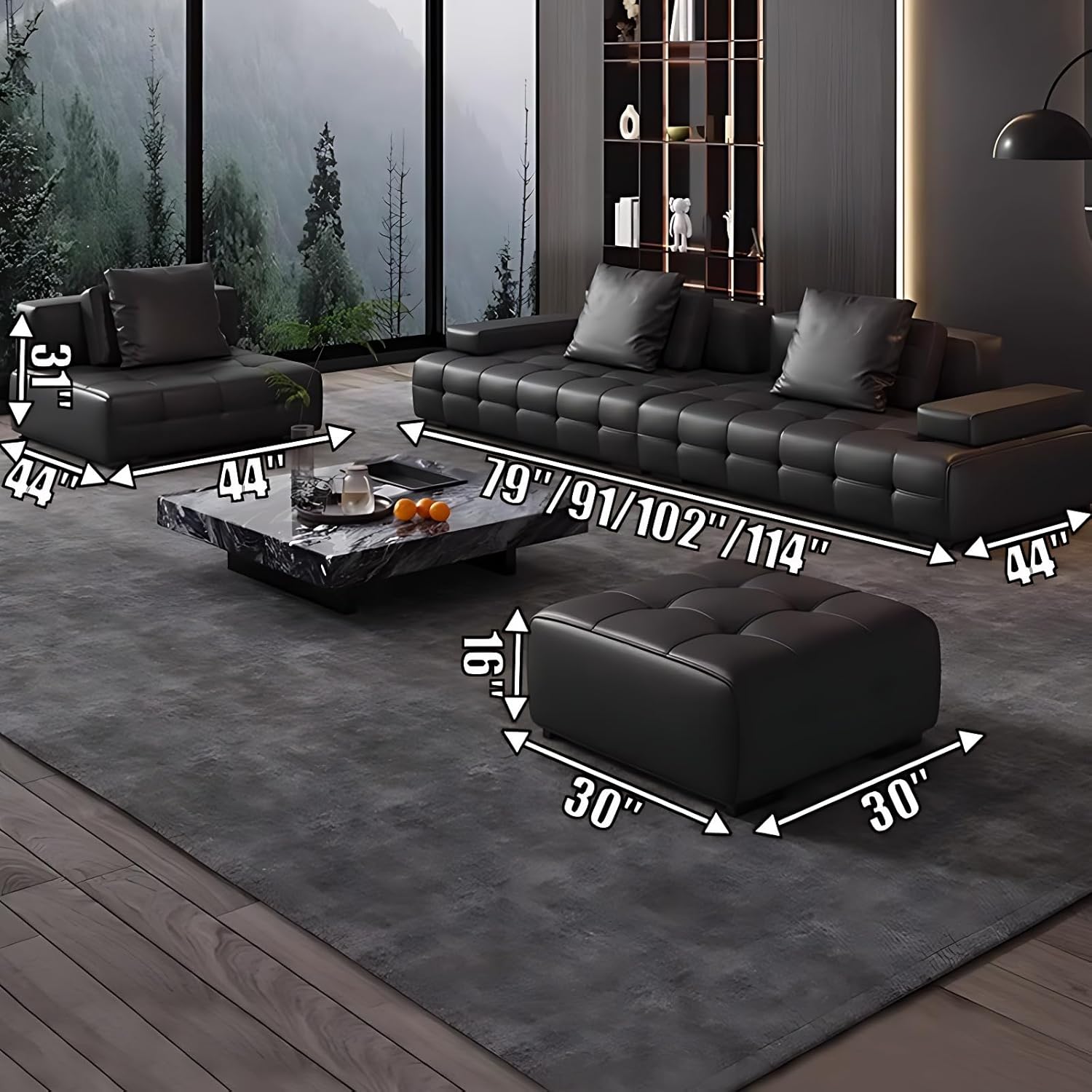 Modern Black Sectional Sofa Set with Coffee Table – Luxury Leather Couches for Living Room, Oversized Sectional Couch with Thick Cushions,No Assembly (Large Sofa + 2 Small Sofa + Table, 114IN) - Image 2