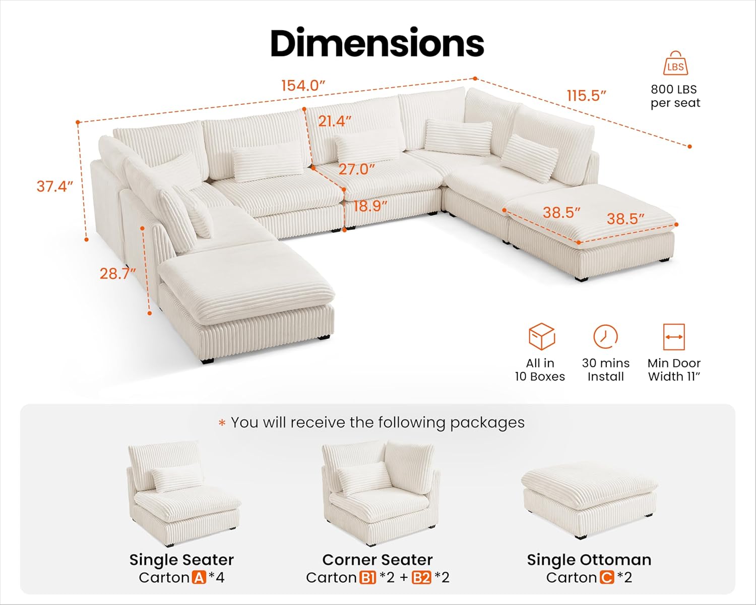 154" Oversized Corduroy Couch Modular Sectional Sofa, Washable Cloud Couch Sectional with 4 Ottoman, 8 Seater Sectional Couches for Living Room, Fully Cover Removable, Sleeper Sofa, Corduroy, White - Image 2