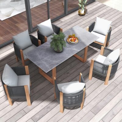 7-Piece Outdoor Dining Set, Modern Outdoor Heat Resistant Dining Table Patio Dining Furniture Set with Faux Marble Tabletop and Woven Rope Chairs for Patio, Balcony, Garden，6 Seat