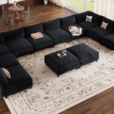 226" Oversized Modular Sectional Sofa for Living Room, U Shaped Deep Sectional Couch with Storage Seat, Versatile Armrest, High Backrest, 12 Seater, Dark Grey Chenille | Extra Wide Deep Seat, Thick Plush Cushion, Certified Fabric