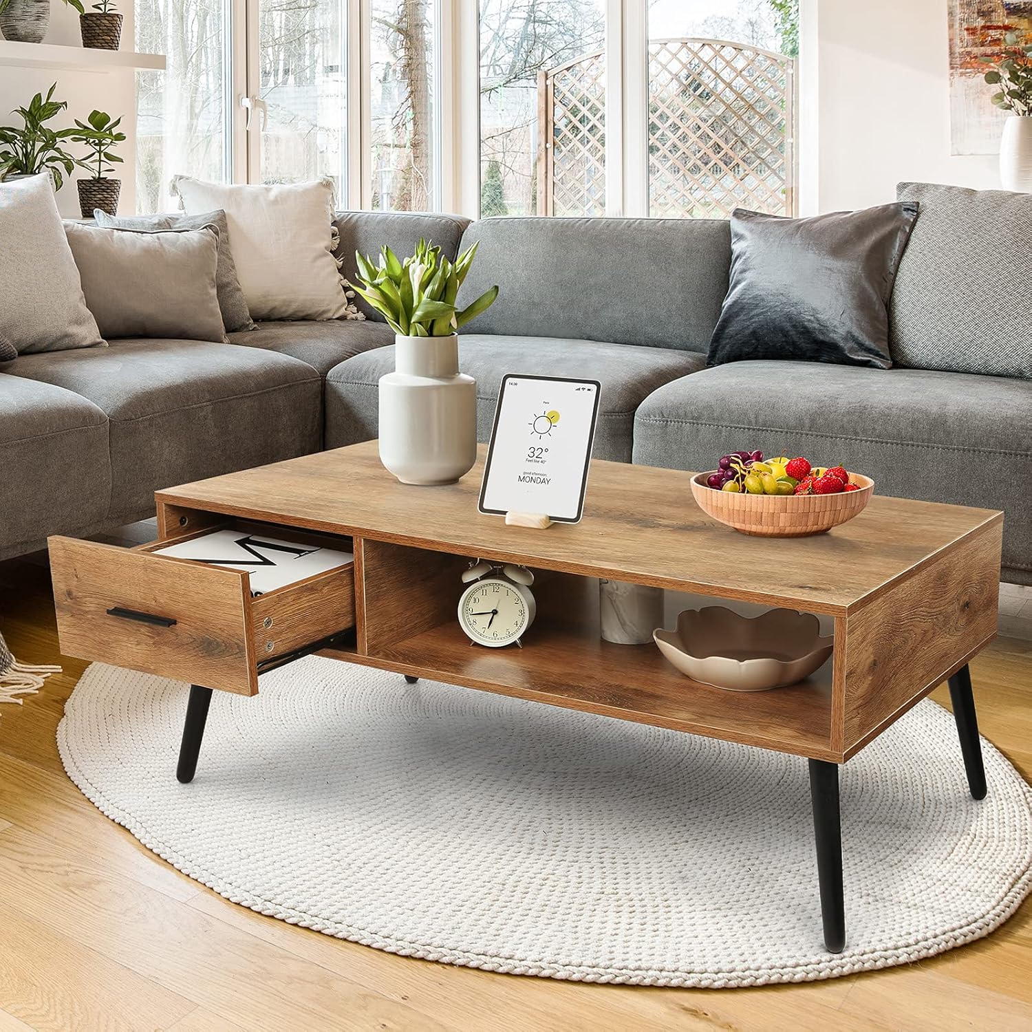 Coffee Table, Mid Century Modern Style Cocktail Table TV Stand with Drawer, Open Storage Shelf, Stable Floor-Anti-Scratching Pine Leg for Home, Office, Living Room - Image 2