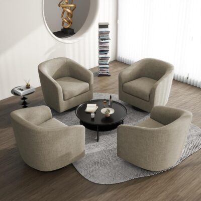 Swivel Barrel Accent Chairs Set of 4, Fabric Upholstered Armchair Modern Round Club Arm Chair for Living Room, Comfy Single Sofa Seating Bedroom Side Reading Seat for Home Office - Light Brown
