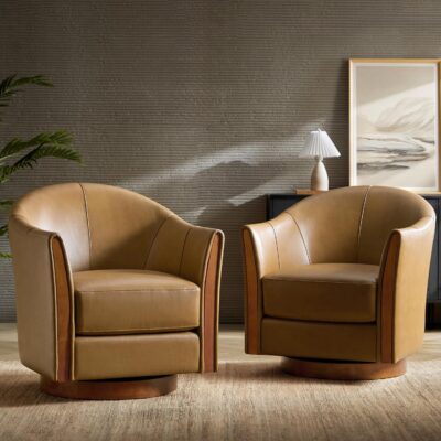 Genuine Leather Swivel Accent Chairs Set of 2 with Solid Wood Base, Round Swivel Barrel Chairs for Living Room and Bedroom, Camel