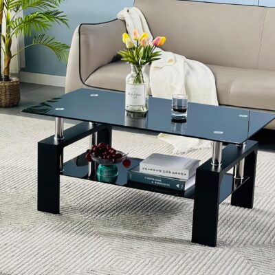 Living Room Rectangle Coffee Table, Tea Table Suitable for Waiting Room, Modern Side Coffee Table with Wooden Leg, Glass Tabletop with Lower Shelf, 39.5D x 23.5W x 17.5H in, Black