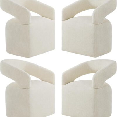 Upholstered Dining Chairs with Casters, Modern Barrel Side Armchair with Rollers for Dining Room, Bedroom, Kitchen, Reading Room, Cream Beige, Set of 4