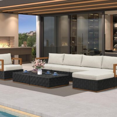 Patio Outdoor Furniture Set 8 Pieces, Premium Leather Outdoor Couch Sectional Sofa, L-Shaped Patio Conversation Sets with Olefin Cushions, Patio Couch for Porch, Balcony, Garden, Black