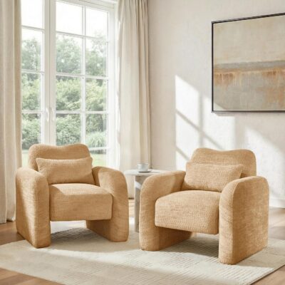 Modern Upholstered Accent Chairs Set of 2 with Pillow, Comfortable Curved Armchair with Seat Cushion for Living Room, Bedroom, Reading Space, Camel