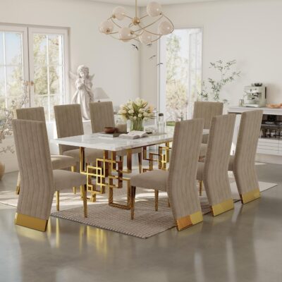 9 Piece Dining Table Set with Chairs, White and Gold Dining Table Set for 8, 78 inches Luxury Gold Dining Room Table Set with 8 Cream Velvet Dining Chairs(Table+8 Chairs)