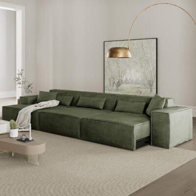 128.35" Oversized Power Sofa Bed Couch for Living Room Modern Large Sleeper Sofa Bed Convertible Couch Bed Pull Out with Deep Seat Comfy Velvet Couches Dark Green