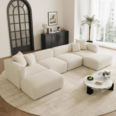 Convertible Modular Sectional Sofa with Movable Ottomans, Free Combination Corduroy Couch for Living Room Apartments, U-Shaped, White