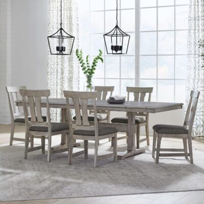 7 Piece Trestle Table Dining Room Set Transitional - 6 Splat Back Upholstered Chairs - Gravel Wash Oak Wood