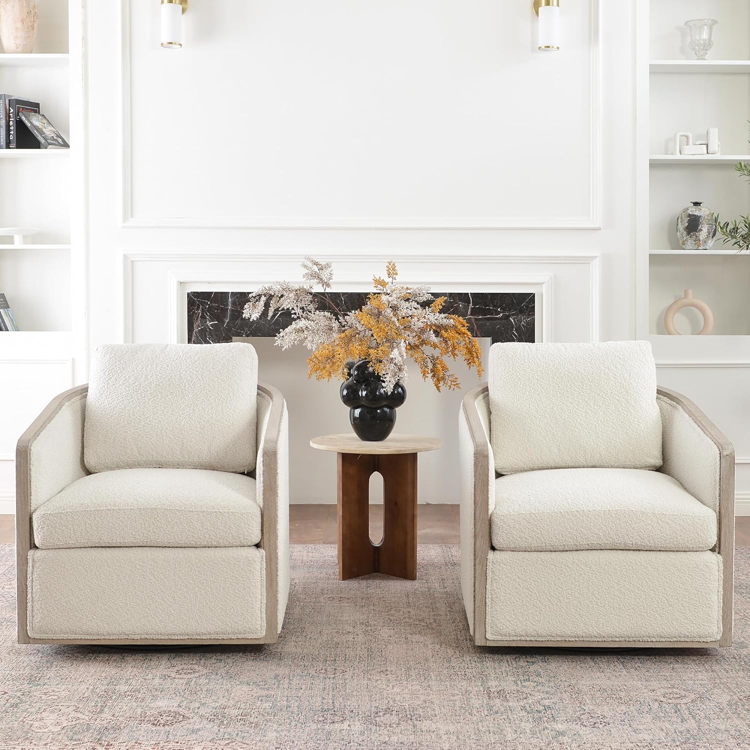 Set of 2 Wood Frame Modern Boucle Swivel Barrel Armchair Mid Century Upholstered Accent Sofa Chair with Pillow Back for Living Room, Lounge & Bedroom, Cream White