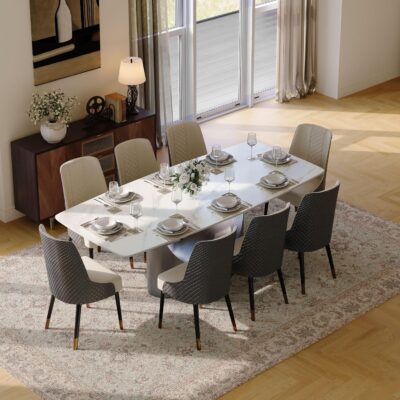 Modern Minimalist Dining Table Set for 8, White Rectangular Matte Sintered Stone Dining Table with 8 PU Grey Dining Chairs, 9 Pieces Dining Table Set (94" Table + 8 Grey Chairs)