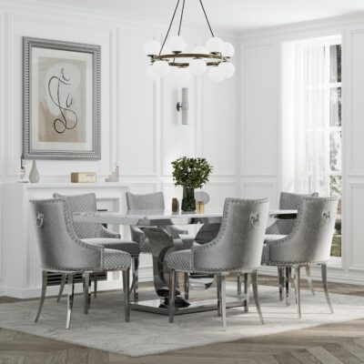 7 Pieces Dining Table Set, White and Silver Kitchen and Dining Room Table Set for 6, Modern Dining Set with Silver Metal U-Base Dining Table and 6 Silver Gray Upholstered Dining Chairs