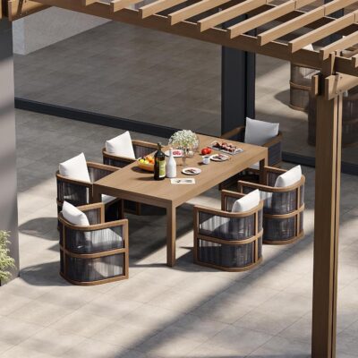 7 Piece Outdoor Patio Dining Table Set, Weather Resistant Outdoor Dining Table Set with Aluminum Top Dining Table and 6 Woven Arm Chairs with Cushions for Backyard, Patio or Deck, Natural