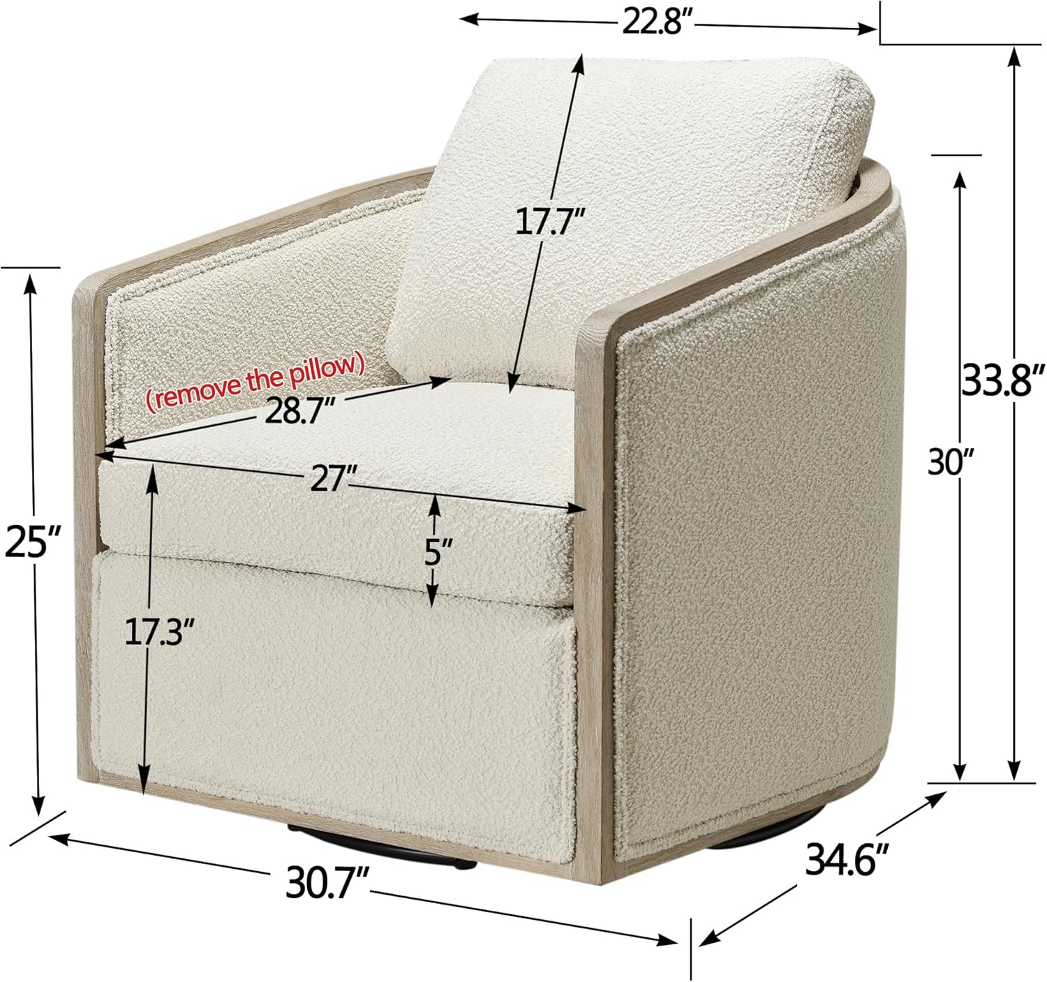 Set of 2 Wood Frame Modern Boucle Swivel Barrel Armchair Mid Century Upholstered Accent Sofa Chair with Pillow Back for Living Room, Lounge & Bedroom, Cream White - Image 2