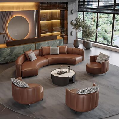 Modern Curved Sectional Sofa Set for Living Room – Leather Couch Sets with Oversized Seats, High-Density Foam, No Assembly Sectional Couches with Coffee Table (Brown Sofa+3Chairs+Table, 150IN)