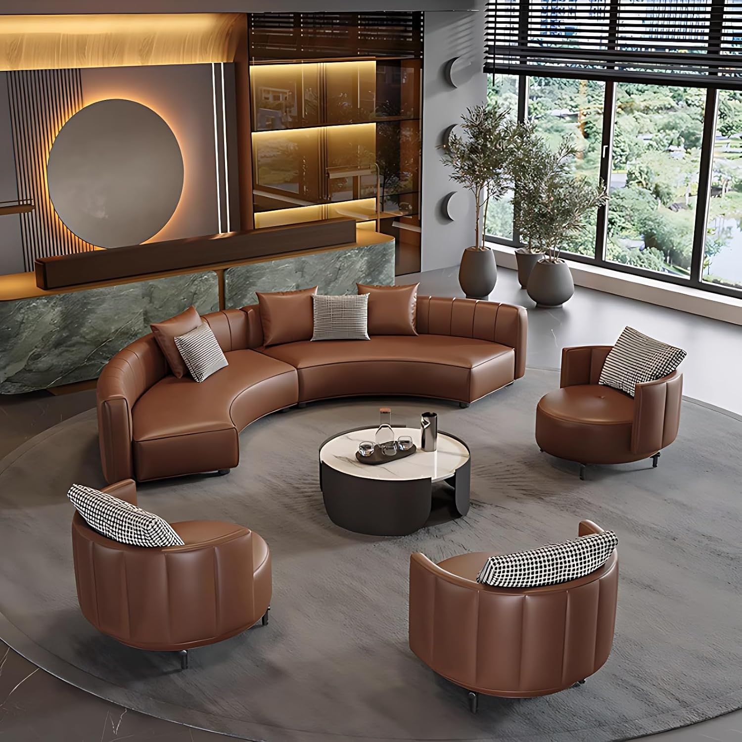Modern Curved Sectional Sofa Set for Living Room – Leather Couch Sets with Oversized Seats, High-Density Foam, No Assembly Sectional Couches with Coffee Table (Brown Sofa+3Chairs+Table, 150IN)