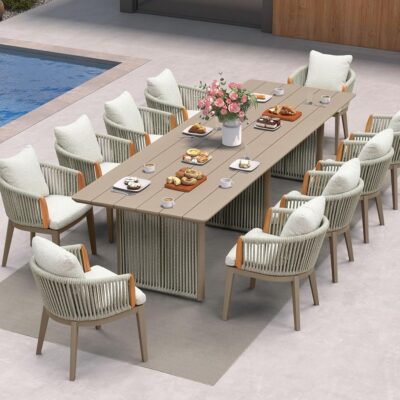 11 Pieces Outdoor Dining Set for 10, Aluminum Outdoor Patio Table and Chairs Set with Olefin Cushions, All-Weather Patio Dining Set for Garden or Deck, Beige