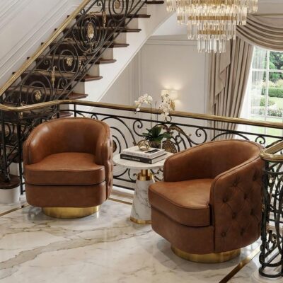 Leather Barrel Swivel Chairs Set of 2, Modern Accent Chairs 360° Rotating with Tufted Back for Living Room, Bedroom, Office with Removable Cushion, Mid-Century Modern Brown Club Seating