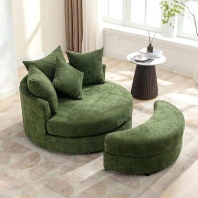 360° Swivel Barrel Chair with Half Moon Storage Ottoman, Oversized Leisure Round Single Sofa Large Chaise Lounge with 4 Pillows, Comfy Linen Upholstered Accent Arm Chairs for Living Room, Green