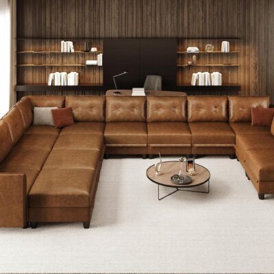Faux Leather Modular Sofa with Storage, Modern Comfy Sectional Couches for Living Room | Oversized 14 Seater, U-Shaped Sleeper, WaterProof, Easy-Clean, Brown