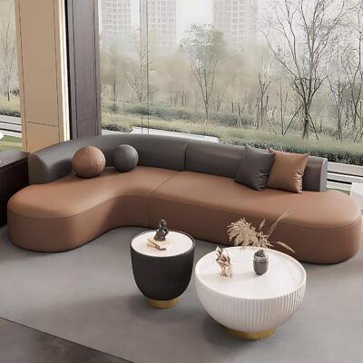 Modern Curved Sectional Sofa Set with Coffee Table – Leather Sectional Couches for Living Room, High-Density Foam, Solid Wood Frame, No Assembly Couch Sets (Brown, 102IN)