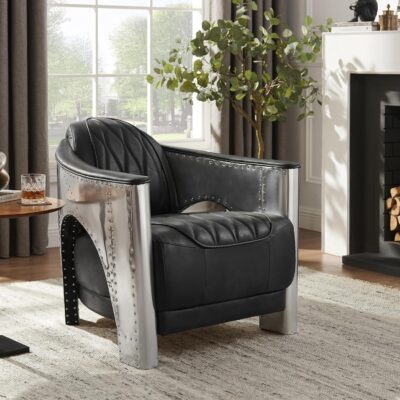 Genuine Leather Armchair - Mid Century Industrial Accent Chair, Vintage Leather Club Barrel Aluminum Aviator Chair for Living Room, Black