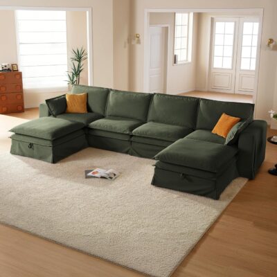 162.2" Washable Oversized Modular Sectional Sofa, Cloud Couch with Fully Removable Cover, Comfy Sectional Couches for Living Room, Performance Fabric, Green, 4-Seater with 2 Storage Ottoman,U-Shaped | Fully Washable Cover, Performance Fabric, 36.6” Oversized Seat, Storage Ottoman, Tool-Free Install