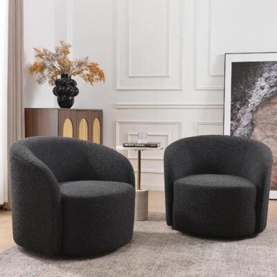 34" W Swivel Barrel Chair Set of 2, Mid Century Modern Round Upholstered Boucle Swivel Accent Chairs, No Assembly Sofa Chair for Living Room Bedroom Reading, Black